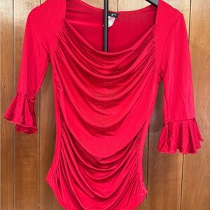 Bright Red Ruched Top with Ruffle Sleeves